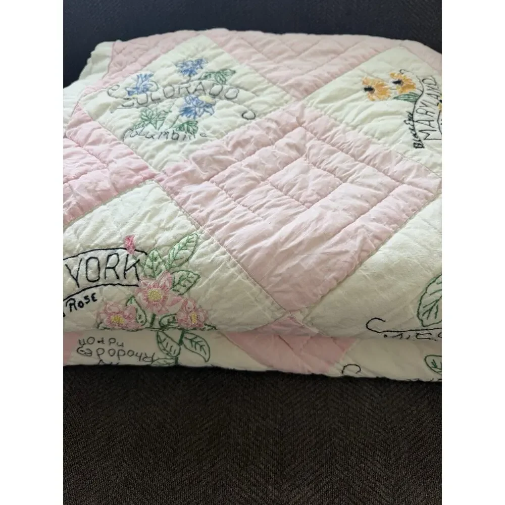 Vintage 48 US State Flower Quilt Embroidered Pink Checkered Handmade